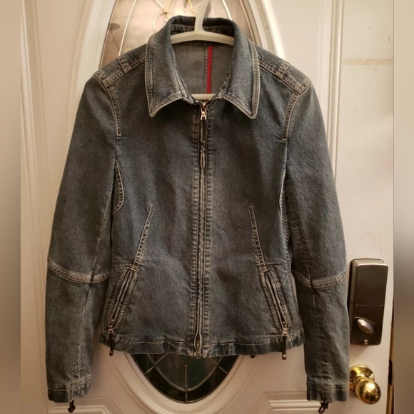 Elie Tahari Corset Lace Up Red Piped Denim Jacket Size Large - Picture 2 of 13